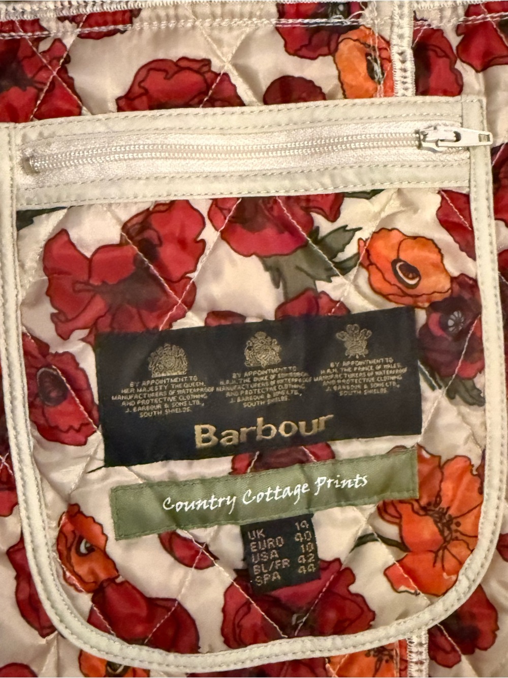 Barbour Cream Quilted Jacket with Cord Collar and Floral Lining - Picture 3 of 7